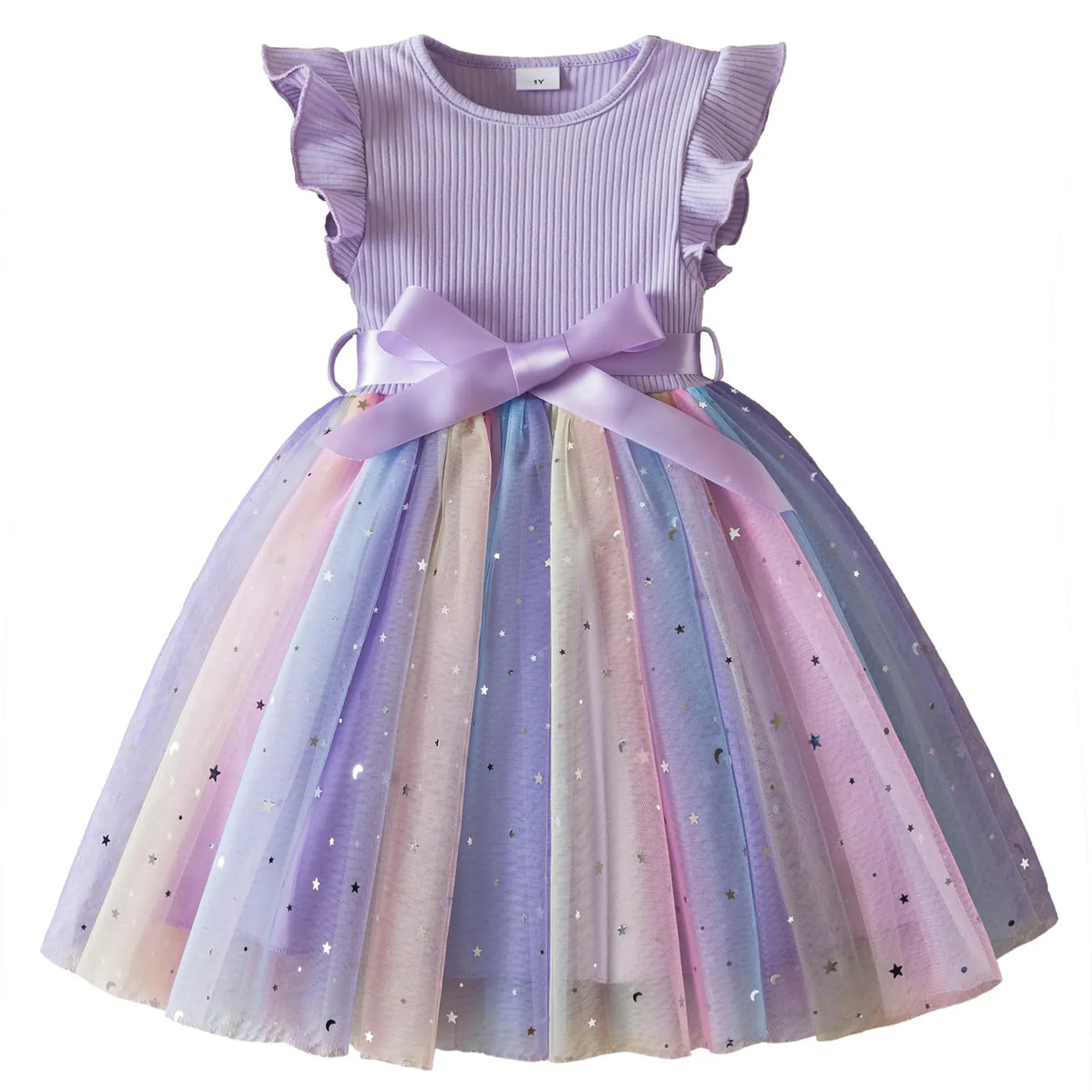New 1-5Y Toddler Girls Rainbow Tulle Dress Girls Dress for Sequins Birthday Sweet Kids Princess Dress for Girls 2025 Summer Wear