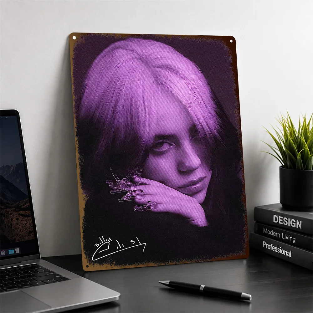 Billie Eilish Purple Portrait Aluminum Poster Personalized Metal Sign Retro Vivid Stage Persona Wall Art Made For Music Lovers