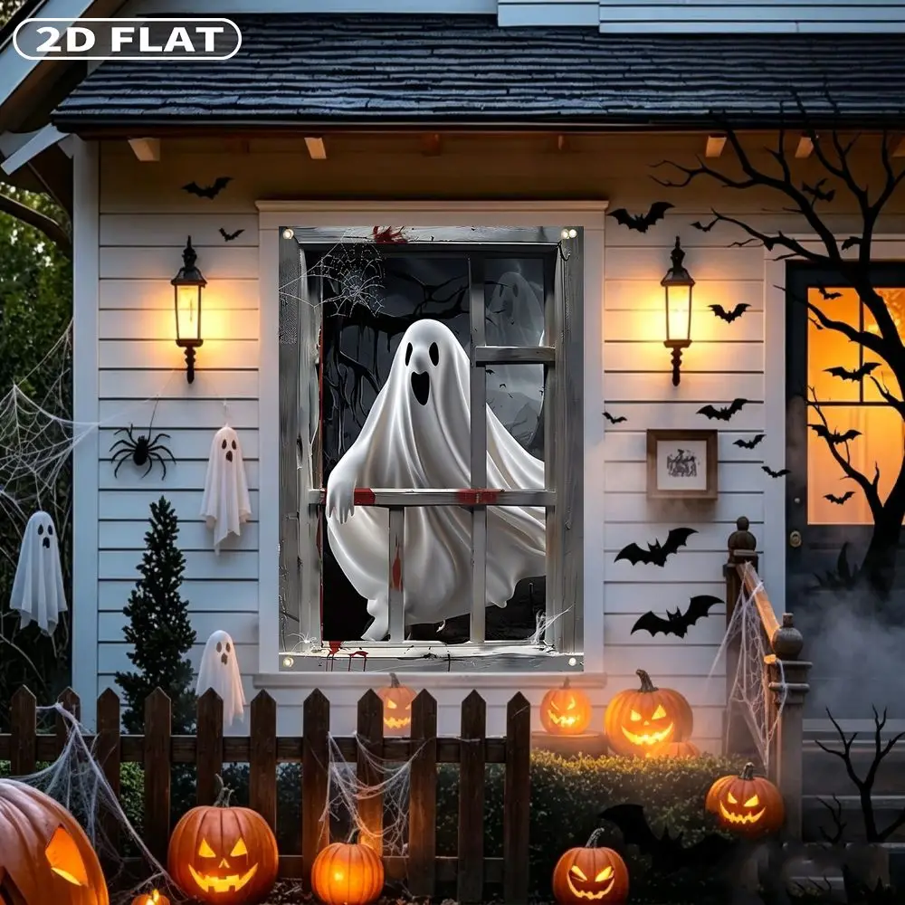 2D FLAT 1pc Party Banner, Halloween Window Cover with Ghost Behind Window with Christmas Trees Outside, 122x88cm, Polyester