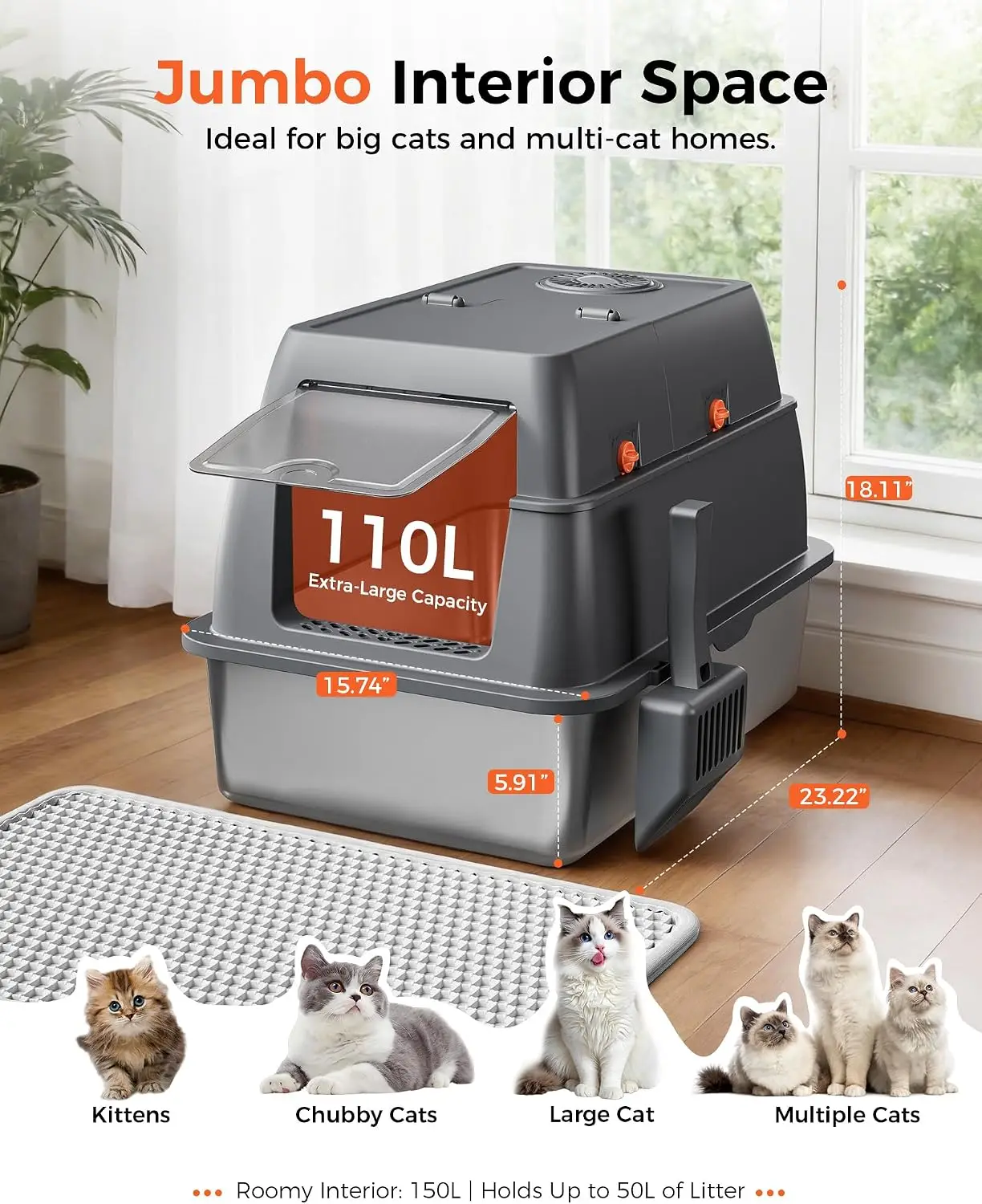XXL Enclosed Cat Litter Box with Lid, Stainless Steel High-Sided Extra Large Metal Litter Box, Activated Carbon Odor Control, Anti-Leak Design, Includes Mat, Scoop & Stickers, Grey