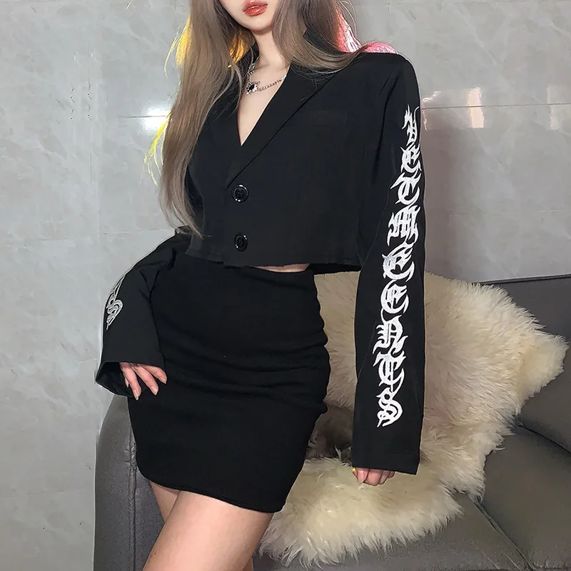 Gothic Reflective Print Crop Blazer Short Suit Jacket Women Blazer Black 2022 Fashion Lapel Solid Jacket Goth Punk Emo Blazers