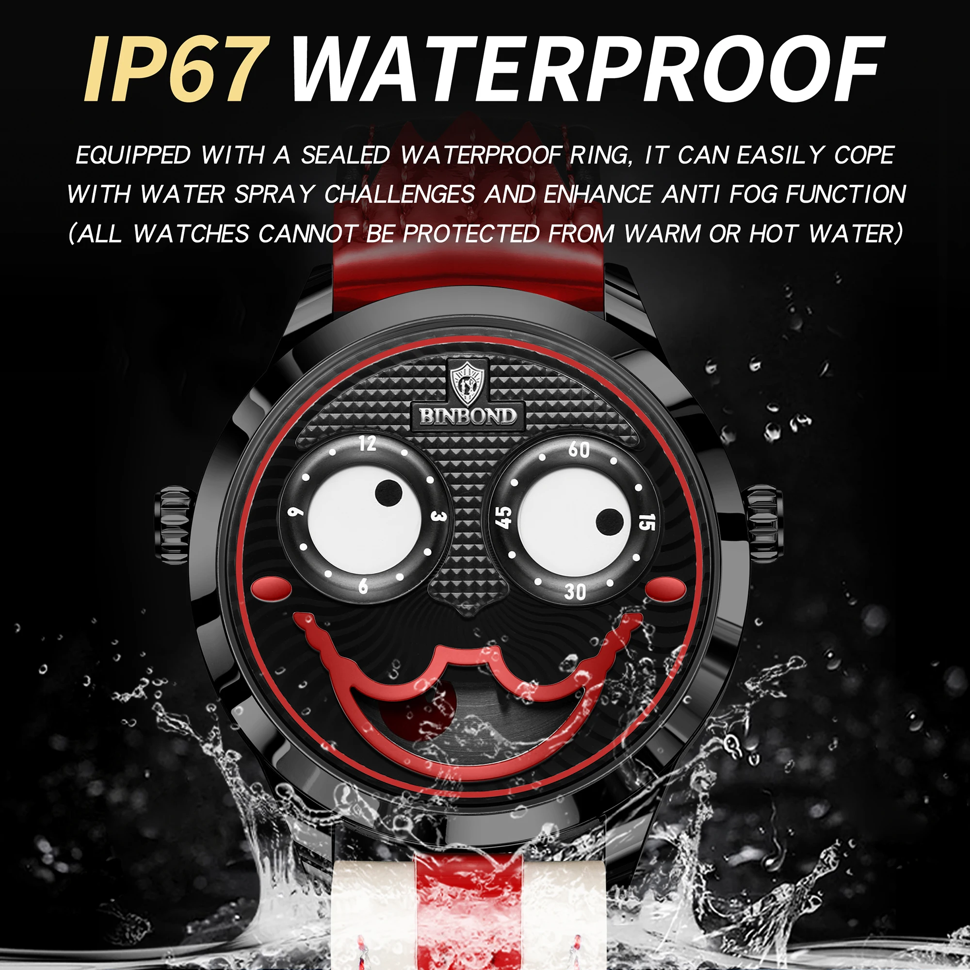 BINBOND Clown Face Men's Watch Precise Quartz Watches for Men Luxury Waterproof Casual Sturdy Leather Wristwatches Reloj image 5