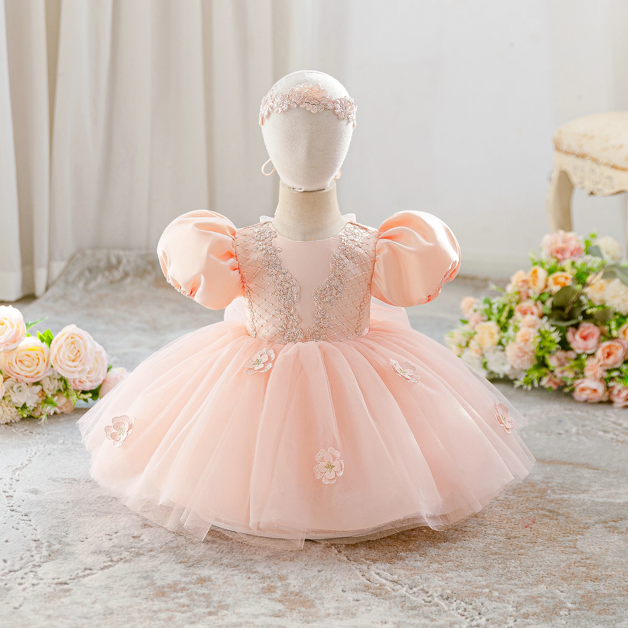 Toddler Flower 1st Birthday Baby Girls Dresses Elegant Tulle Party Wedding Bridesmaids Princess Dress Girl Bow Children Clothing