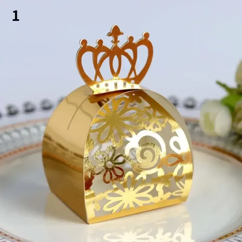 10 Stück goldene, lasergeschnittene Hochzeitsbevorzugungsbox, hohles Rosen-Design, Süßigkeiten-Dragee, Schokolade, Geschenktüten, Verpackung