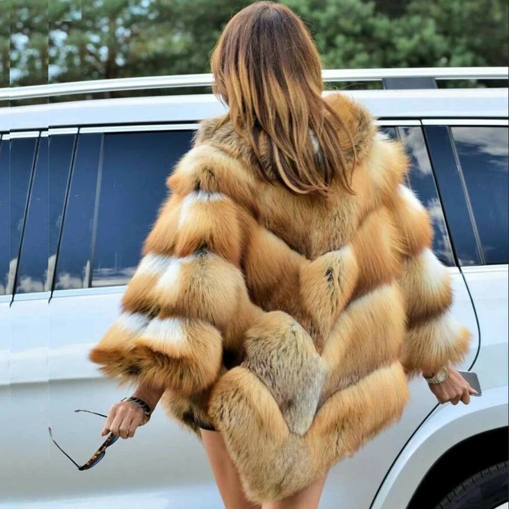 2023 Luxury Genuine Women Full Pelt Real Vulpe Red Fox Fur Coat Cape Poncho Overcoat