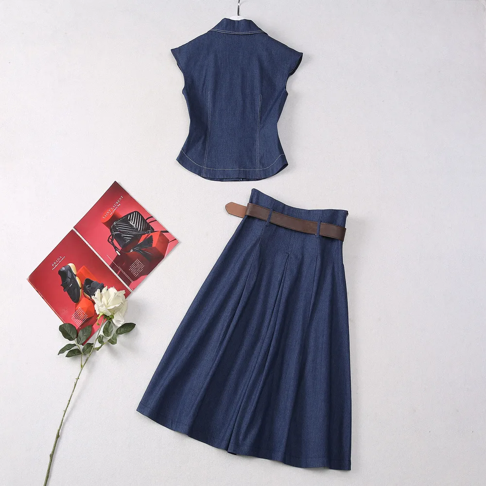 ZJYT Summer Denim Blouse and Skirt Suit 2 Piece Sets Women Outfit Blue New In Matching Sets Casual Dress Set Conjuntos Femininos