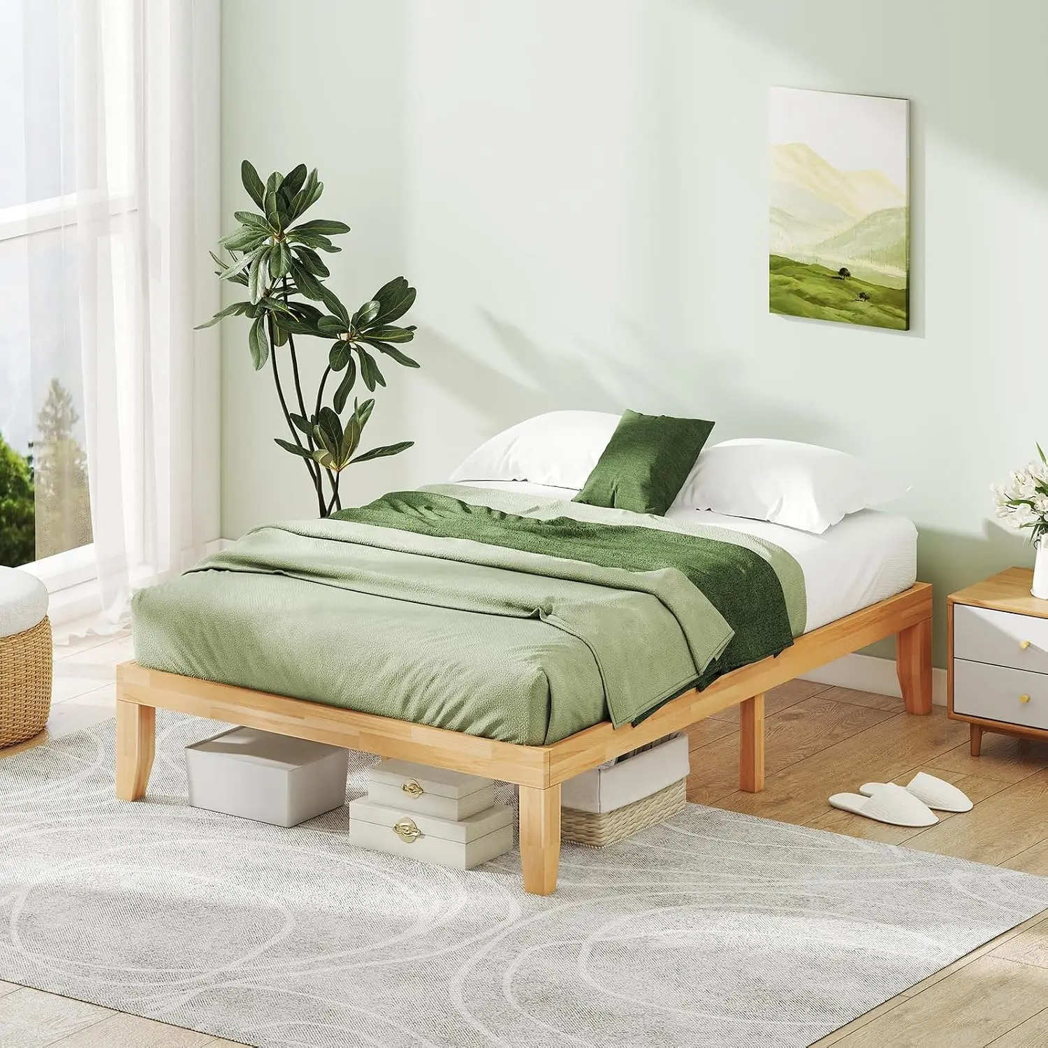 14 Inch Wood Platform Bed Frame Full Size, Wooden Foundation With Rubber Frame & Strong Slats, No Box Spring Needed, Customized