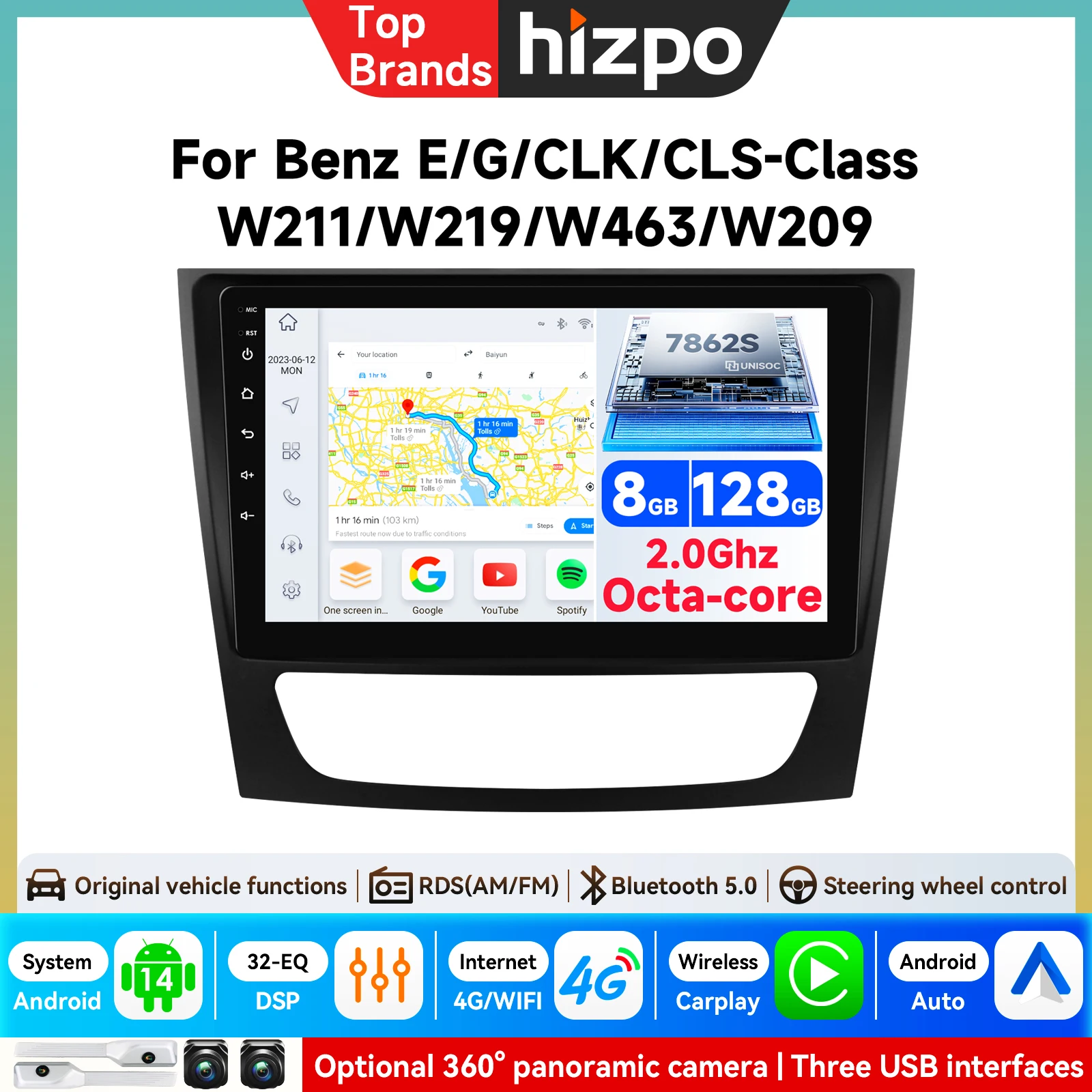 9-Zoll Kabelloses Carplay Autoradio Android für Mercedes Benz E-Klasse W211 E200 E220 E300 E350 E240 E270 E280 CLS-KLASSE W219 Stereo
