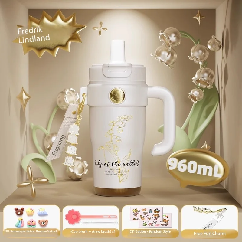 Home Drinkware Fuguang Bingba Cup Straw Thermos Cup Large Capacity Ceramic Water Cup Girls Leakproof Straw Thermos Cup Wholesale
