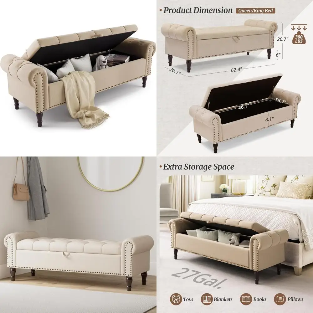 

Пуфик-скамья King Size с мягкой обивкой для хранения вещей, с тафтингом на пуговицах и отделкой гвоздями, идеально подходит для сидения в спальне или окно