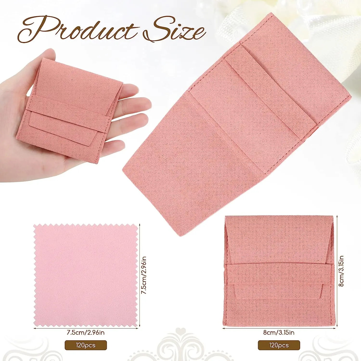 120 Pcs Microfiber Jewelry Pouch 8x8cm Jewelry Packaging Bag Luxury Gift Fixed Strap Envelope Packaging with Cleaning Cloth