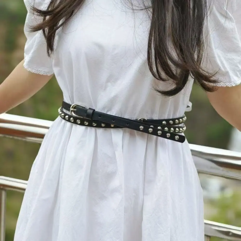 

Thin Women's Rivet Belt Extra Long Double Loop Leather Waist Belt with Bucket Nails Gothic Dress Jeans Belt Waist Accessories