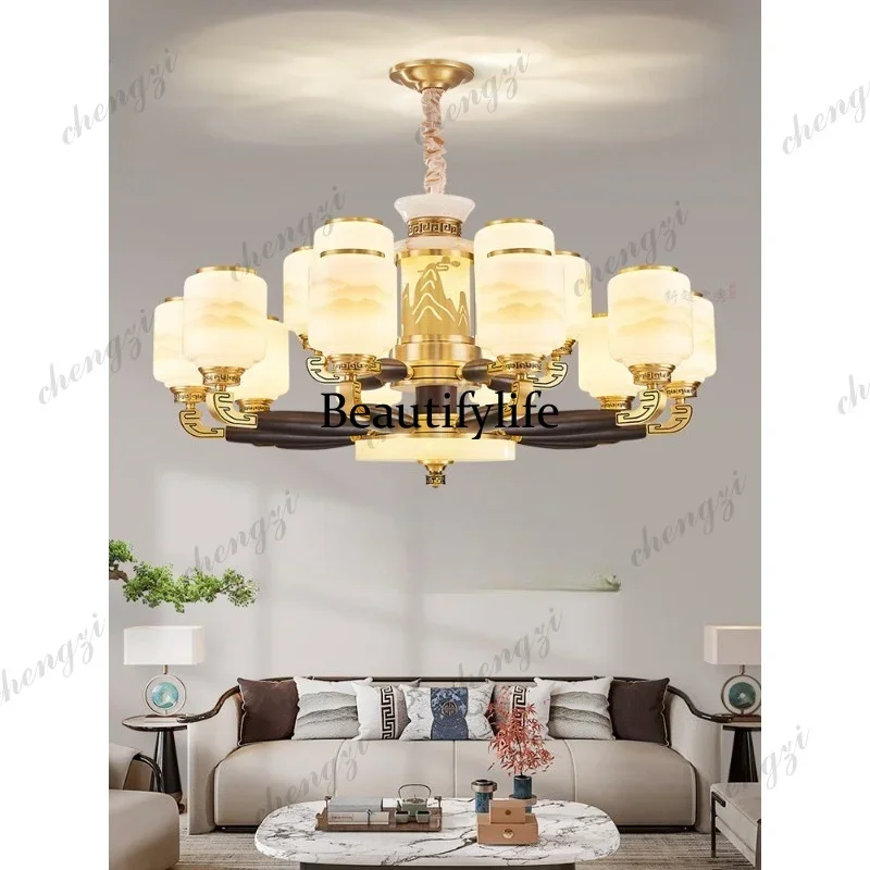 EE New Chinese chandelier living room high-end jade all copper solid wood villa self-built house empty hall main light