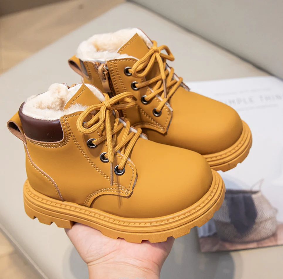 Winter New Children's Snow Boots With Plush Lining Warm Lace Up Cotton Boots For Boys Girls British Anti Slip Casual Toddle Shoe