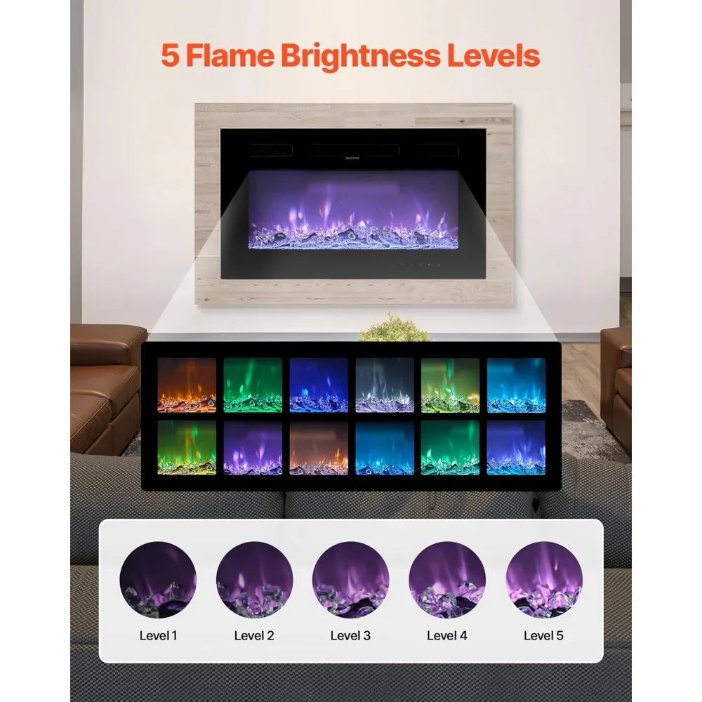 30 Inch VEVOR Electric Wall-Mounted Fireplace with Remote Control, Timer, 1500W Power, and Adjustable Flame Color Settings