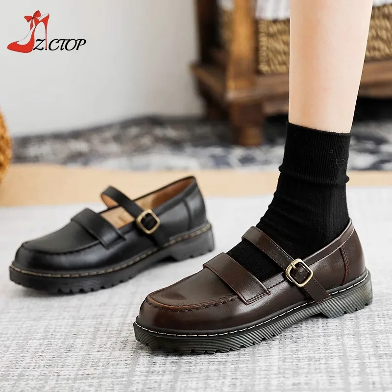 

Retro Platform Mary Jane Lolita Shoes Women Chunky Heel Soft Bottom Flat Japanese School Jk Uniform Leather Shoes Brown Black