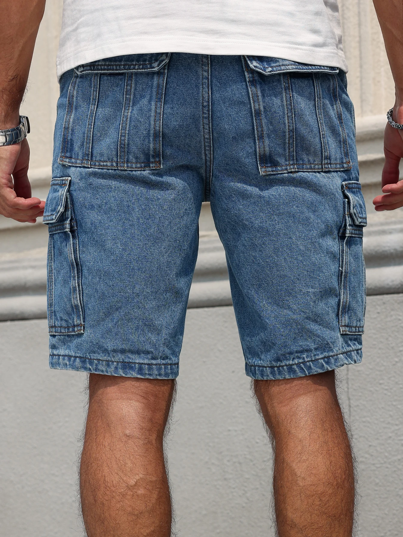GELITAYIN Men's Summer Workwear Denim Shorts, Blue Multi-pocket Style. Stylish And Casual, Suitable For Streetwear.