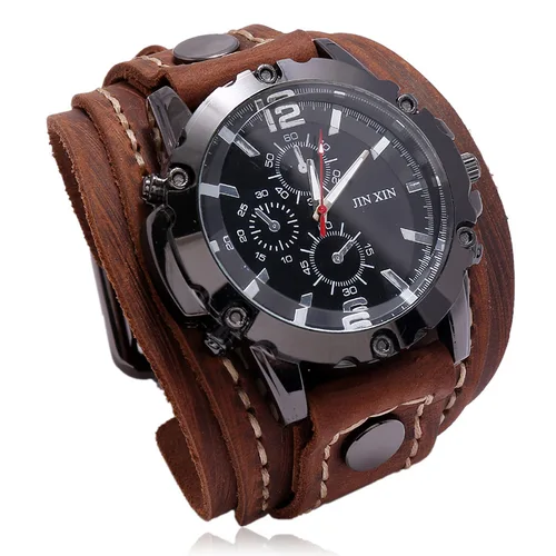 2025 Reloj de pulsera de cuarzo para hombre, correa de reloj de piel de vaca a la moda, relojes redondos grandes Punk Vintage, pulseras anchas de cuero genuino para hombre