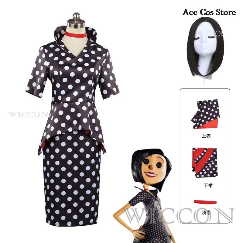 Horror Fairytale Movies Coraline Mother Cosplay Costume Wig Polka Dress Secret Adult Halloween Party Scary Roleplay Suit