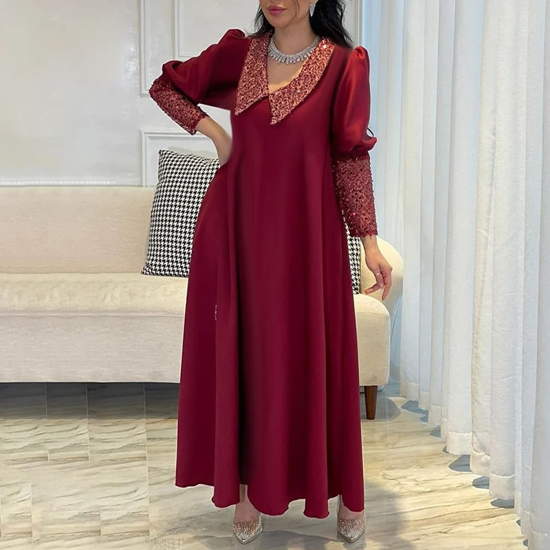 Ethnic Sequins V Neck Muslim Women Dresses New Spring Pure Loose Party Long Dress Robe Vintage Femme Lantern Sleeve Autumn Dress