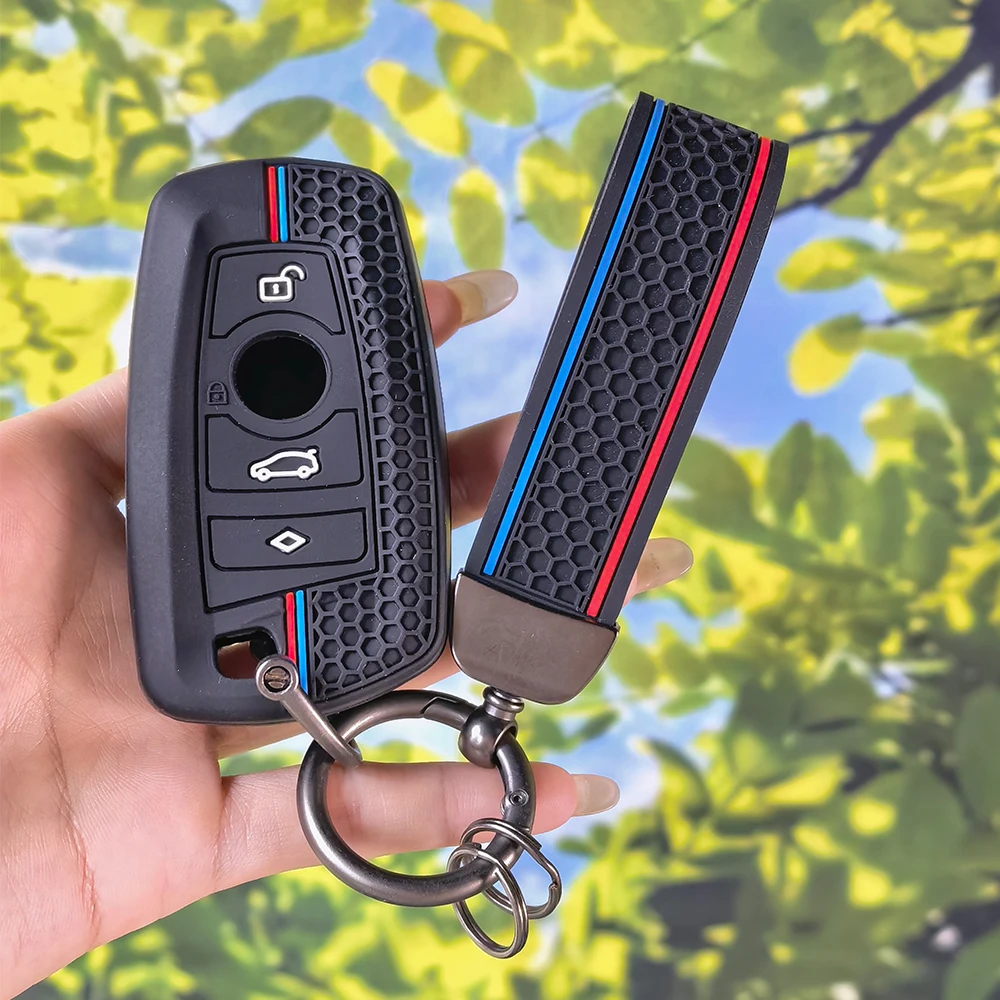 Tri‑Color Stripe Silicone Key Shell with Keychain for BMW 1 2 3 4 5 6 7 Series M3 M4 M5 X1 X3 X4 X5 X6 F30 F10 F20 G30 F15 F16