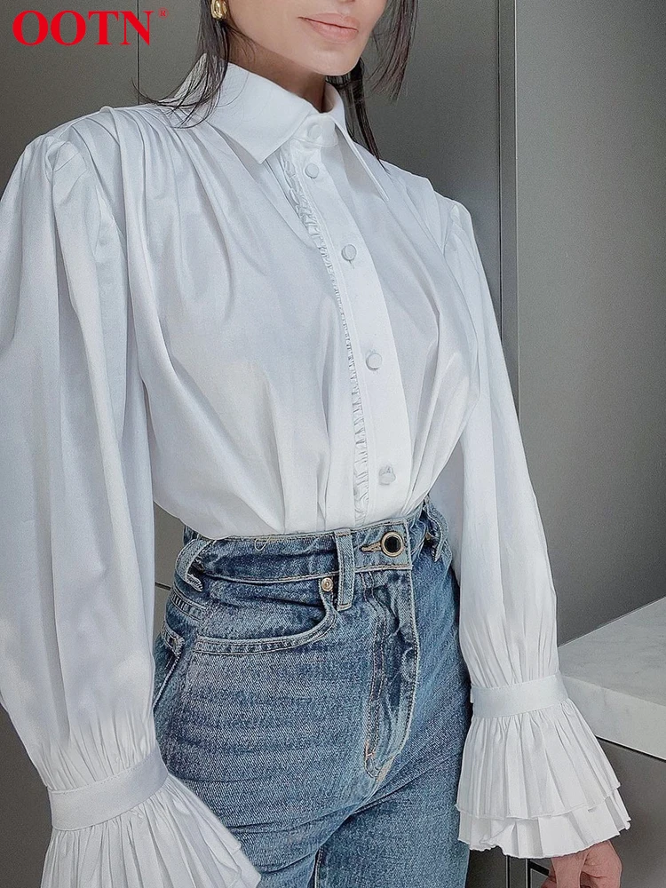 OOTN Elegant Puff Sleeve White Shirts Female Street Chic Ruffles Turn Down Collar Blouse Women Casual Long Sleeve Lady Tops 2023