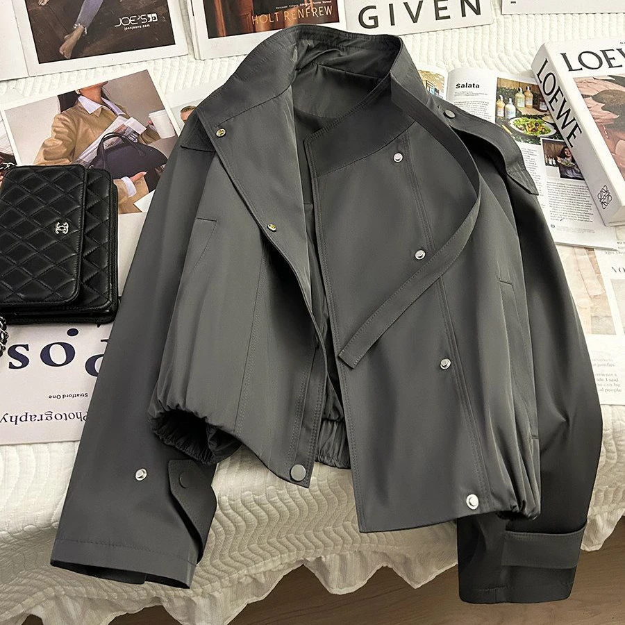Y2K Stand Collar Cropped Trench Coat Jacket Women Strap‑Decor Single‑Breasted Elastic Hem Vintage Loose Streetwear Outerwear