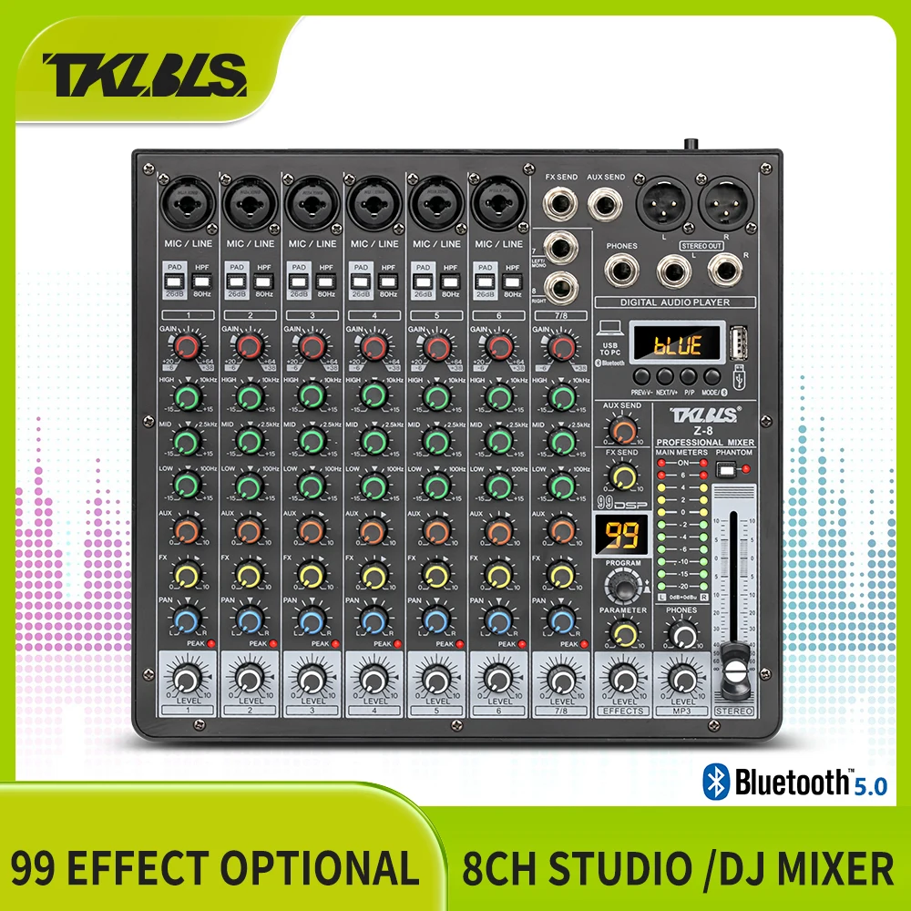 TKLBLS Z8 8-Channel Audio Mixer  99 DSP Effects with USB Audio Interface Bluetooth Function DJ Mixer and 3-Band EQ Stage Outdoor 