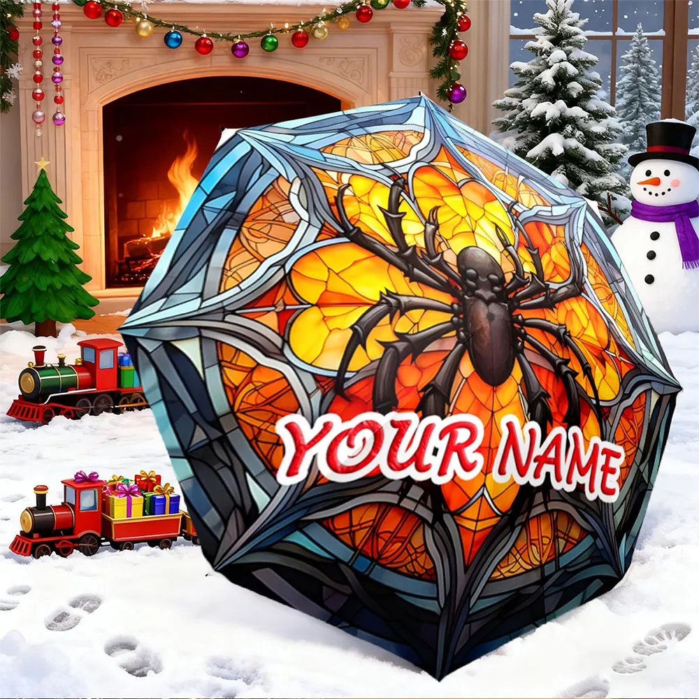 Custom Name Umbrella， Stained Glass Spider Design Umbrella – Gothic Art Style ,Portable Folding Umbrella, Christmas Gift