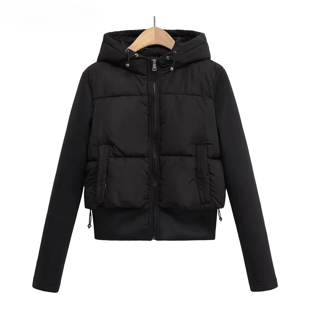 

2025 Autumn and Winter New Product Black Casual Fabric Splicing Cotton Jacket Warm Hooded Cotton Jacket for Women