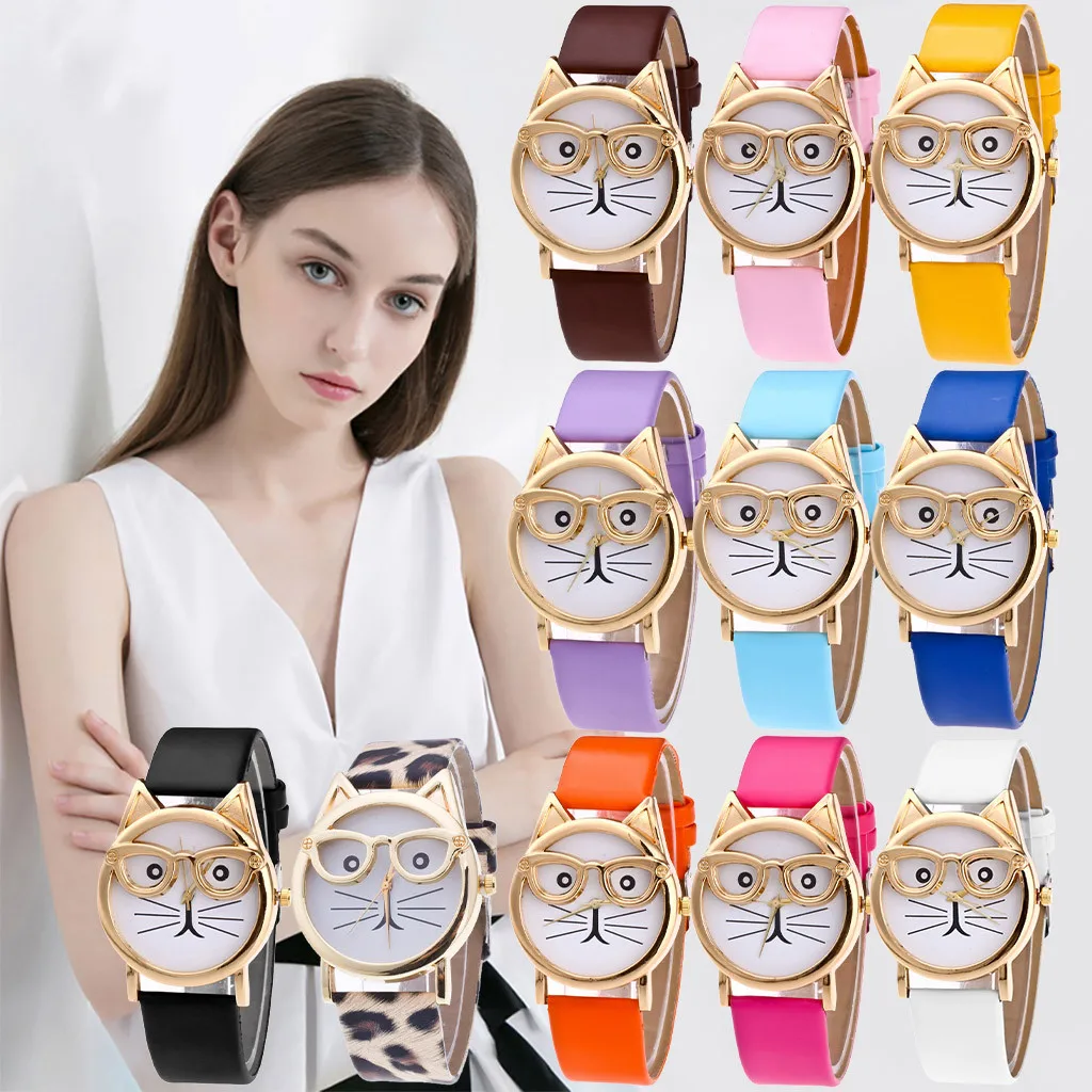 Fashion  Cat With Glasses Strap Dial Women's Quartz Watch Gift