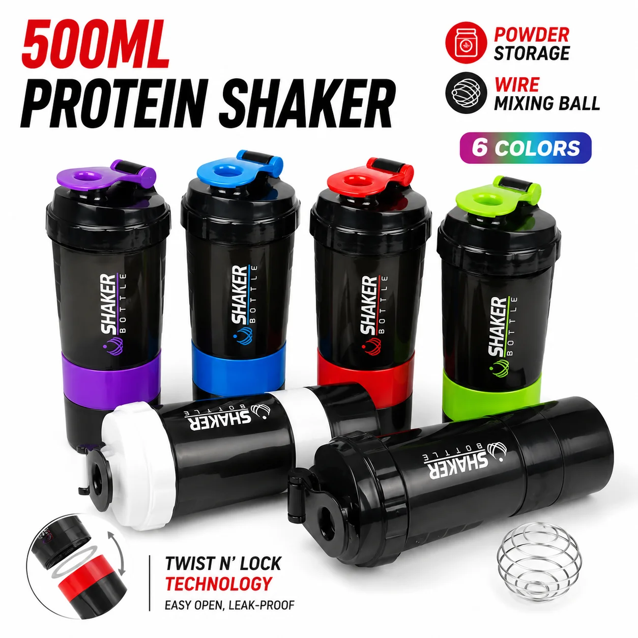 500ml Protein Shaker Bottle with Powder Storage, Large Water Bottle with Wire Mixing Ball for Gym, Fitness, Sports
