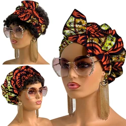 Gorro de turbante africano con lazos para mujer, conjunto de algodón de Material africano, gorro de Ankara y envoltura para la cabeza, accesorios para el cabello Wyb798, 2 piezas