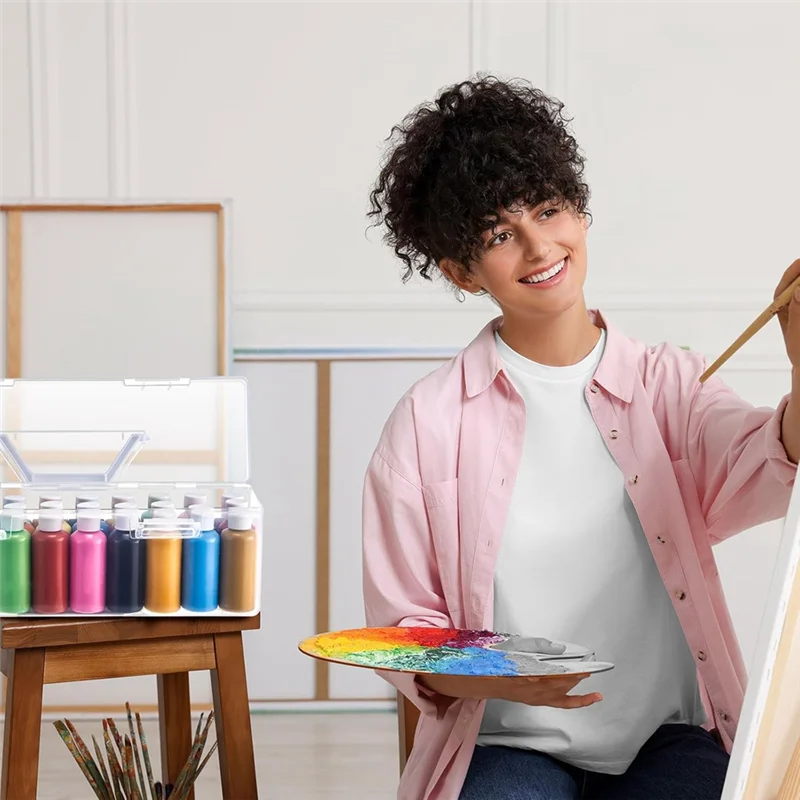 

A13E-3 Pcs Paint Storage Box For 2 Fl. Oz Acrylic Paints, Acrylic Portable Craft Art Organizer With Handle, 30 Bottles