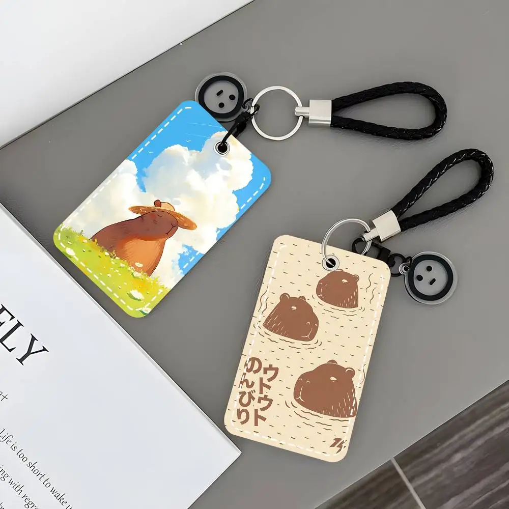 Kawaii Cartoon C-Capybara Card Case Keychain Access Card Bag Key Tag Ring Leather Card Holder Key Ring Access