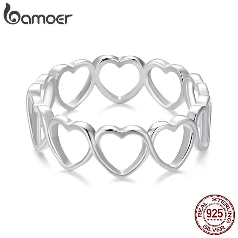 BAMOER S925 Sterling Silver Hollowed Heart Finger Ring for Women Birthday Valentine's Day Gift Sweet Love Fine Jewelry