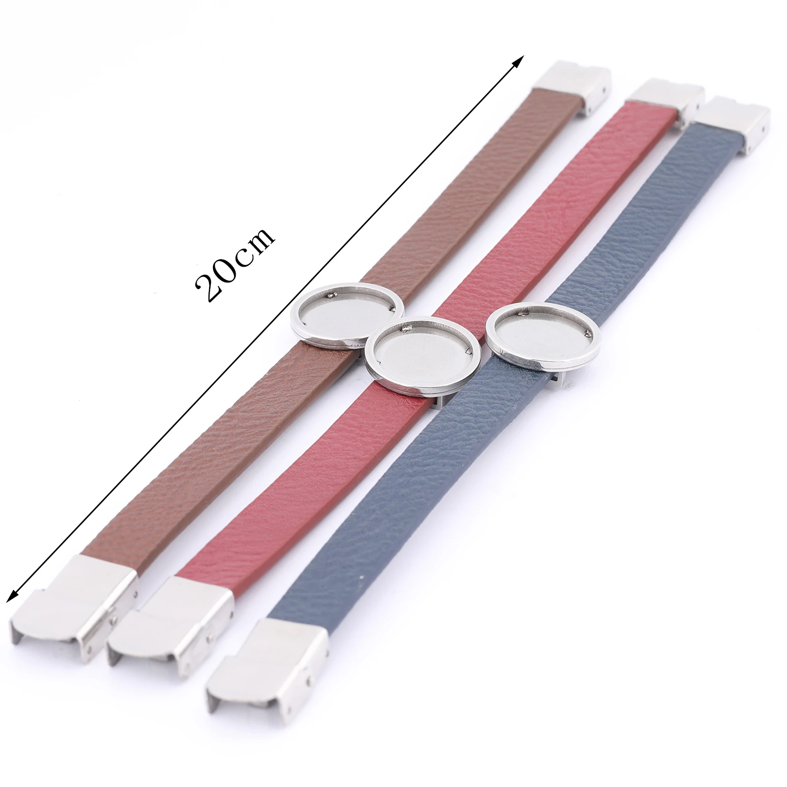 2pcs Stainless Steel Fit 16mm Cabochon Bracelet Base Blanks Flat Leather Wristband Bracelets Bezel Settings With Clasp 20cm Long