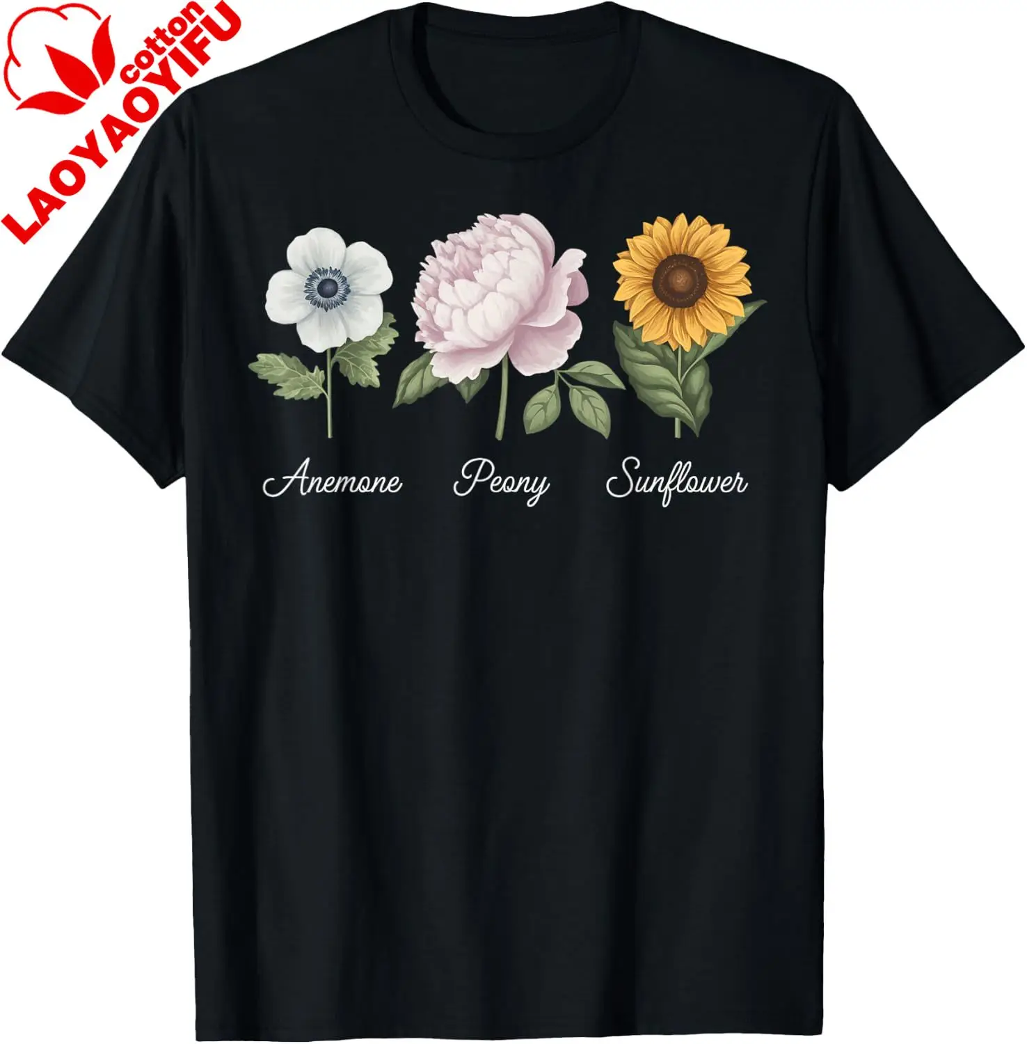 Anemone Peony Sunflower Floral Illustrations T-Shirt Cotton Cotton Women's T-shirts Y2k Breathable Graphic Tee