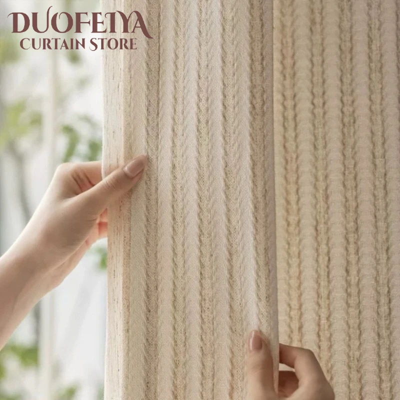 Vertical Striped Linen New Pastoral Style Rice Ear Woven Window Tulle Semi-Blackout Curtains for Living Dining Room Bedroom
