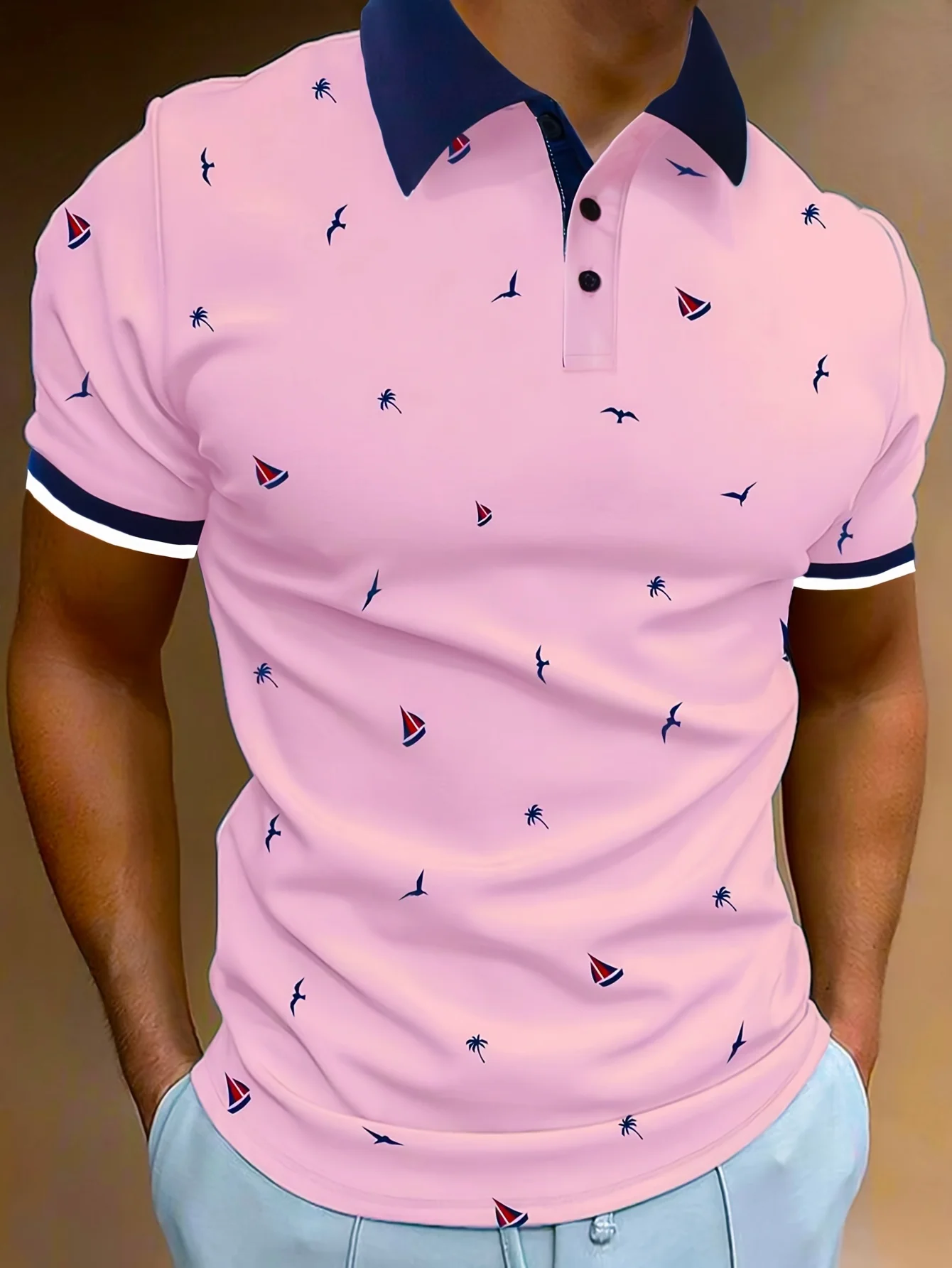 Men\'s Contrast Collar Design Short Sleeve Lapel Golf Shirt Short Sleeve Printed Button Clothing Fashion Design Casual Breathable