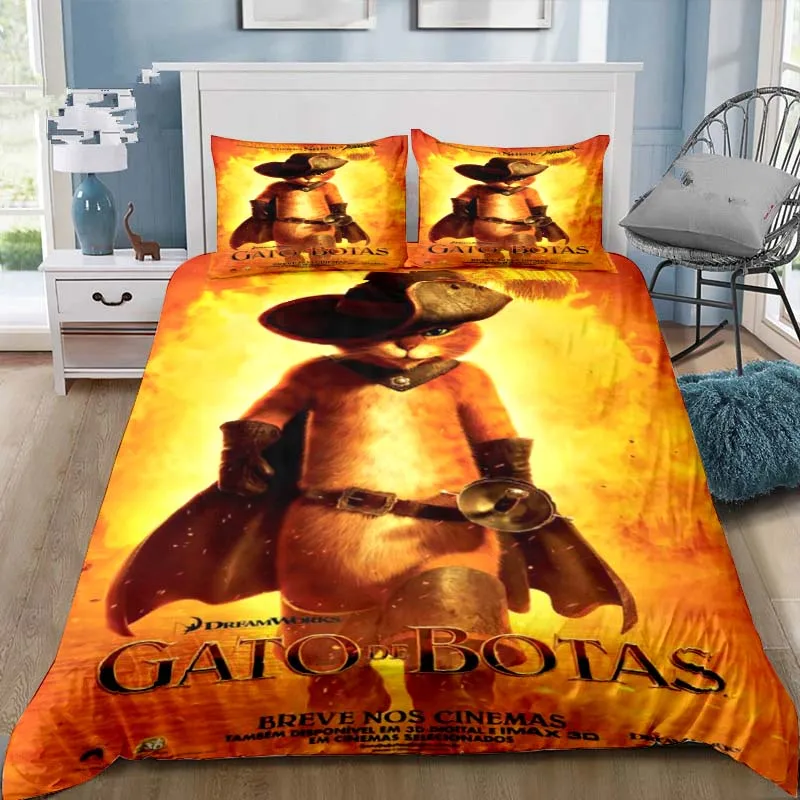 Puss in Boots Brave Cat Cartoon Bedding Set Adult Kid's Bedroom Bed Three-piece Soft Duvet Cover and Pillowcases Birthday Gift