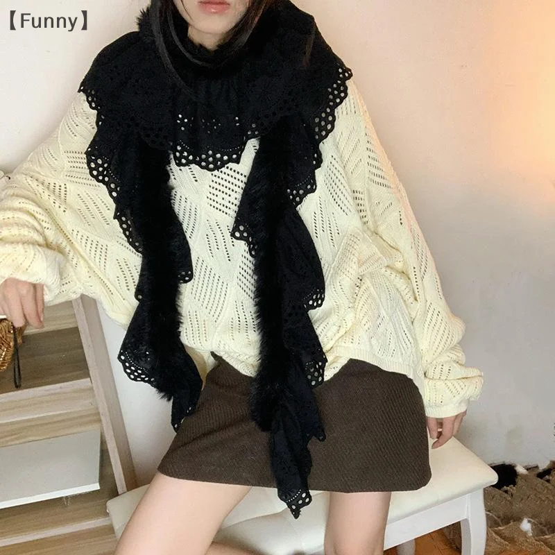 

ováсноФункциональный │Сладкий шарф в корейском стиле Y2K, женский зимний мягкий теплый шарф, кружевной лоскутный плюшевый шарф в стиле Харадзюку