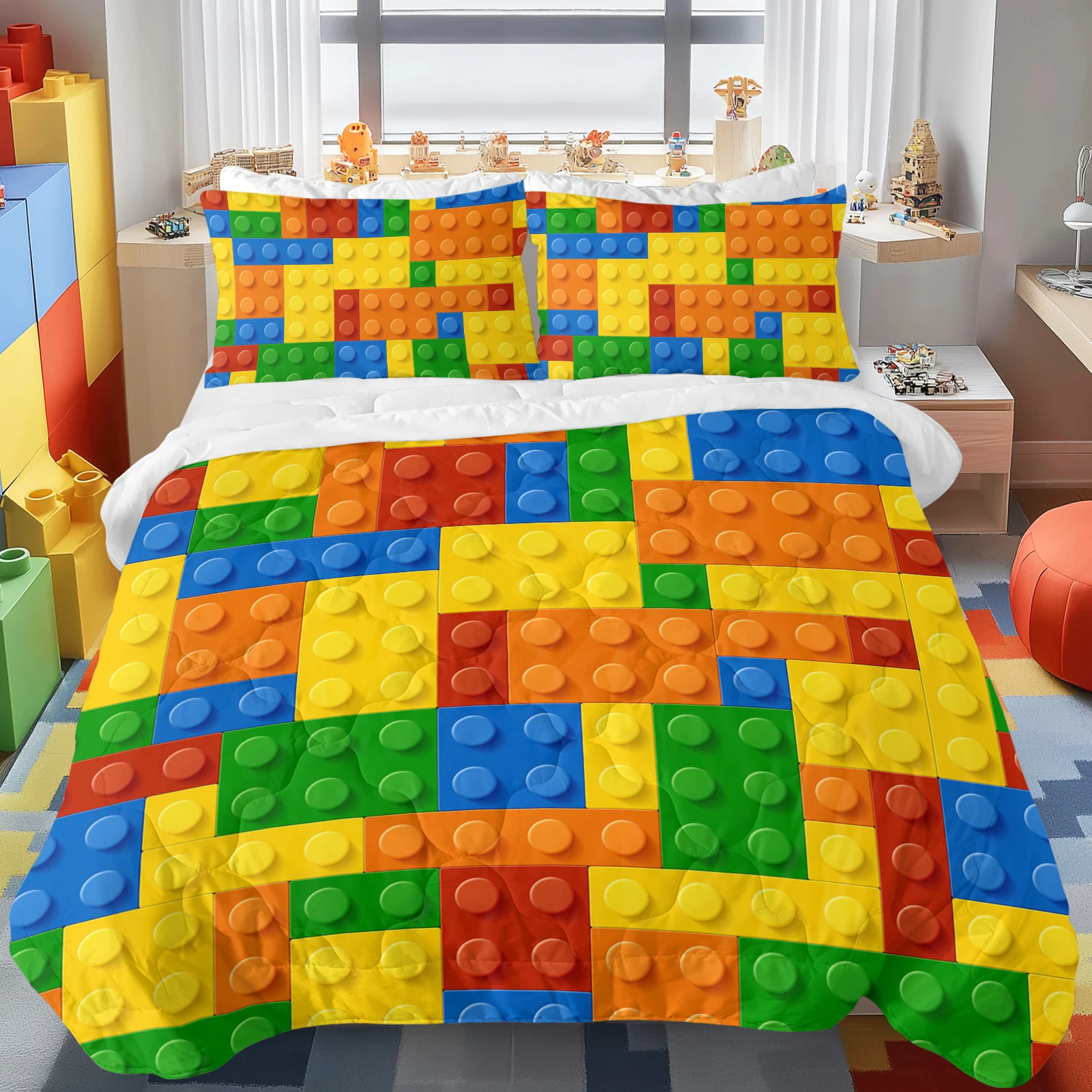 3 pçs colorido engraçado blocos de construção consolador conjunto meninas menino conjunto cama com consolador conjuntos colcha reversível com 2 fronhas travesseiro