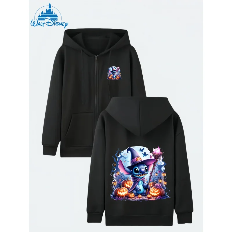 

1 piece of Disney Stitch Halloween cartoon-printed fleece hooded zip-up sweatshirt jacket, suitable for outdoor and daily wear