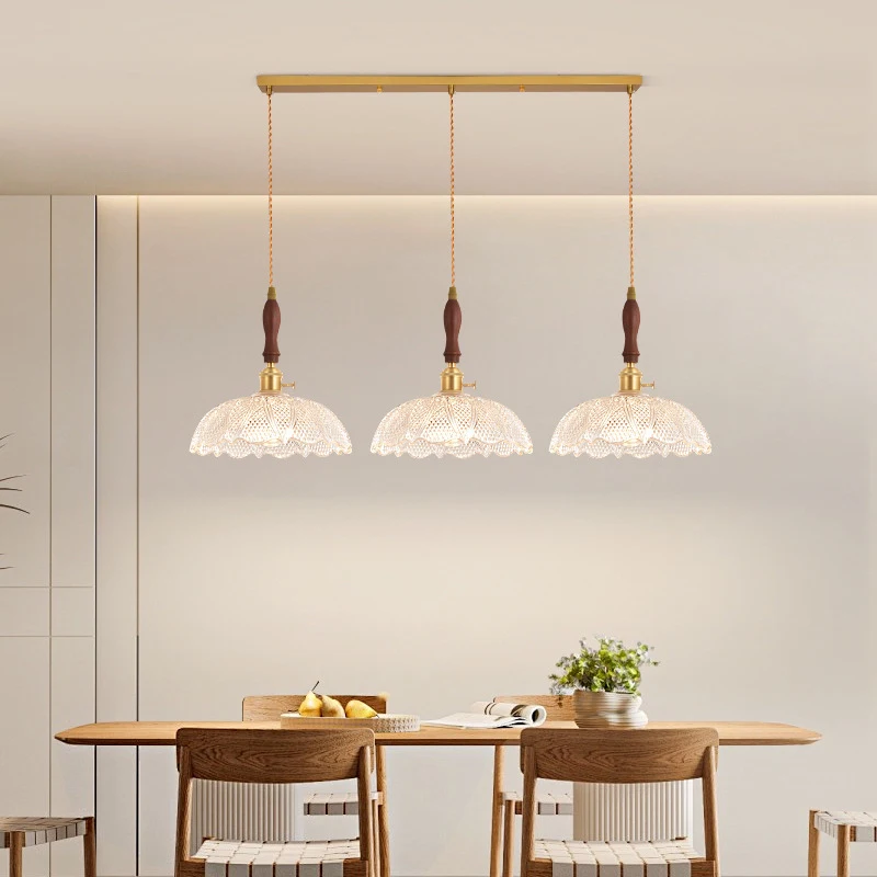 Modern Simple 3-Head Dining Room Chandelier Vintage Log Wood Glass Nordic Hanging Line Lamp for B&B
