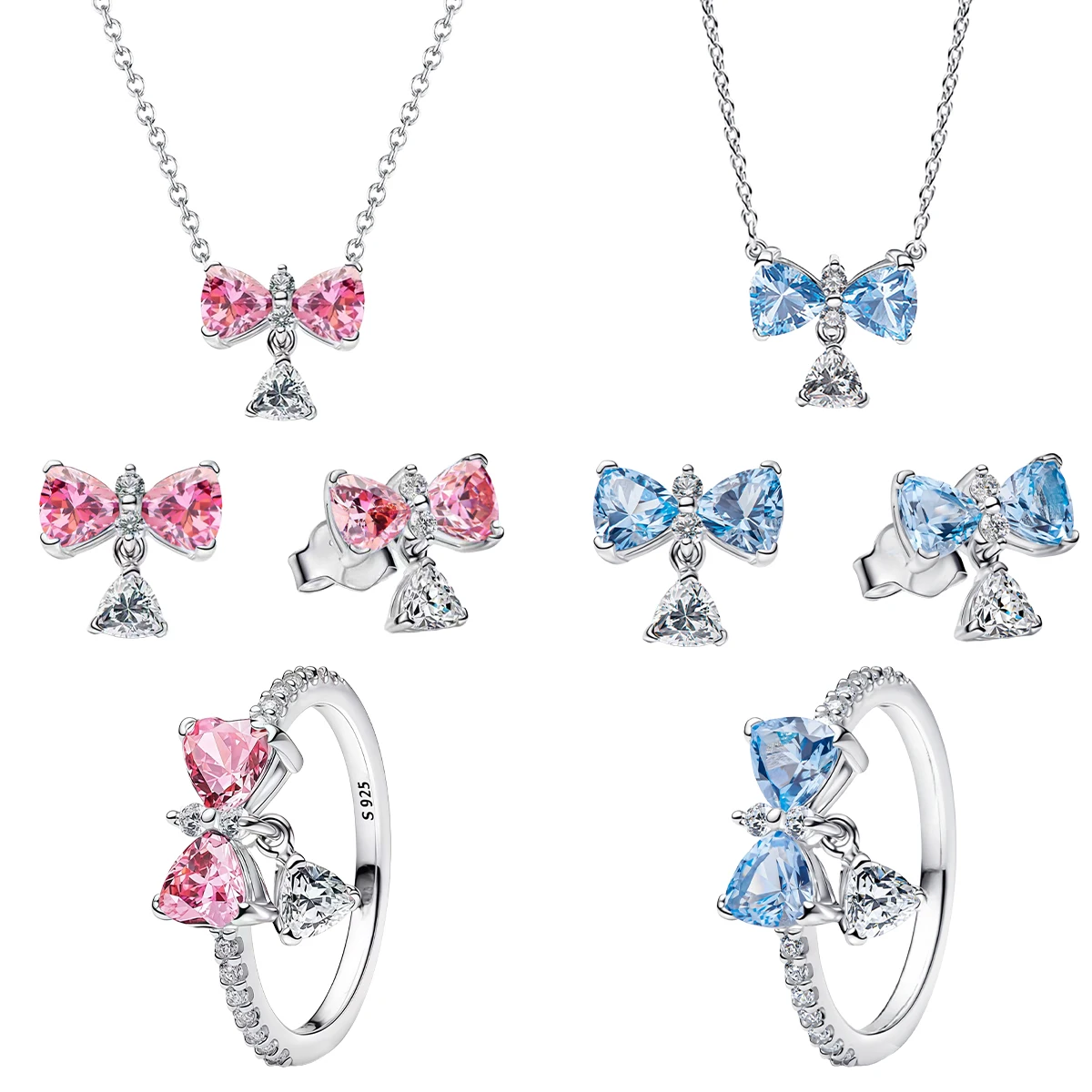 Oferta Especial: Set de Joyería Original de Plata de Ley 925 con Lazo Azul, Aretes y Anillo, Compatible con Pulseras y Collares DIY, Ideal para Fiestas de Cumpleaños de Mujer