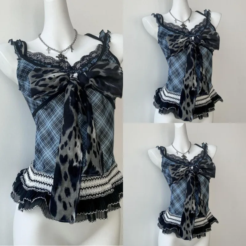 

French Lace Vest Top Leopard Print Y2K Vintage Girl Navy Blue Mesh Splicing Lace Suspender Versatile Loose Top Vest Top Tee New