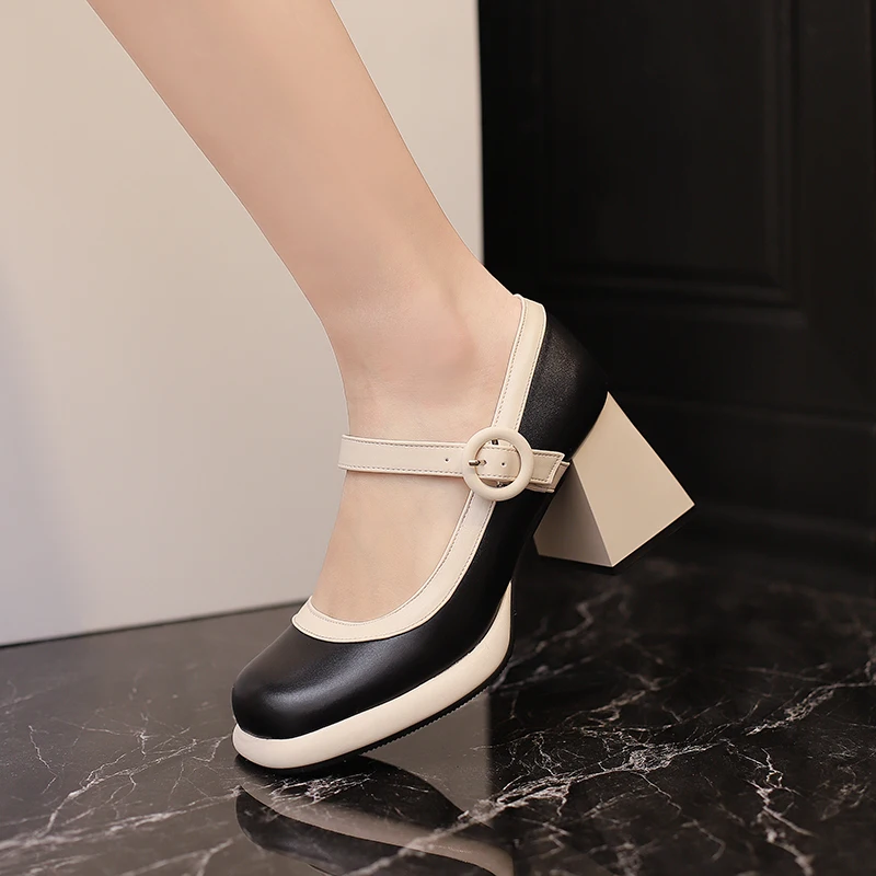 2023 Tapered Thick Heel Shallow Breathable Mary Jane Shoes Square Toe Round Buckle Color Matching Women's Pumps