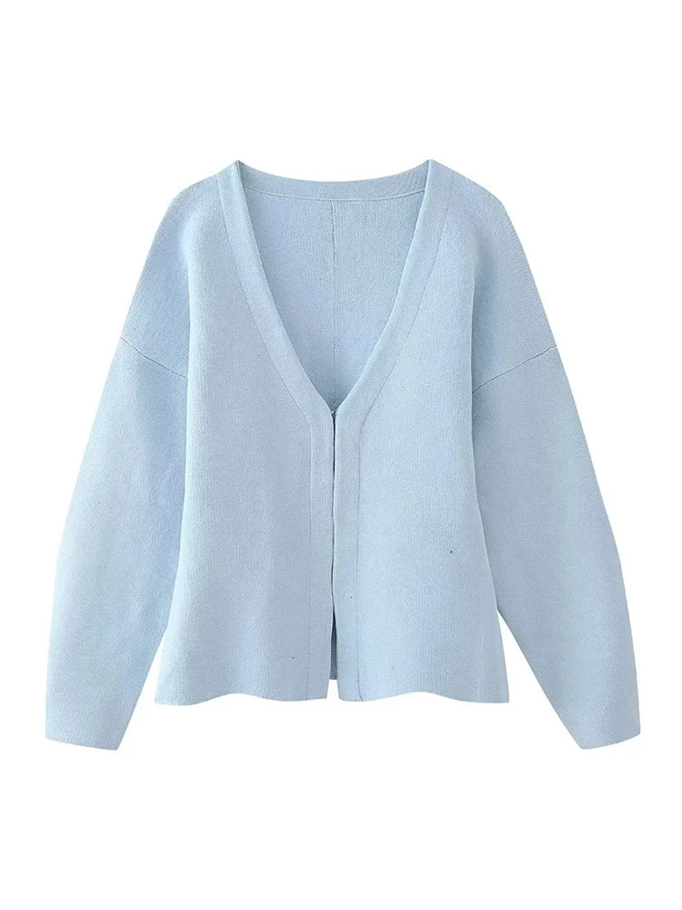 

Ladies 2024 New Style Fashion Lock Buckles Blue Knitted Loose Cardigans Girls V-Neck Long Sleeve Elastic Casual Solid Sweaters