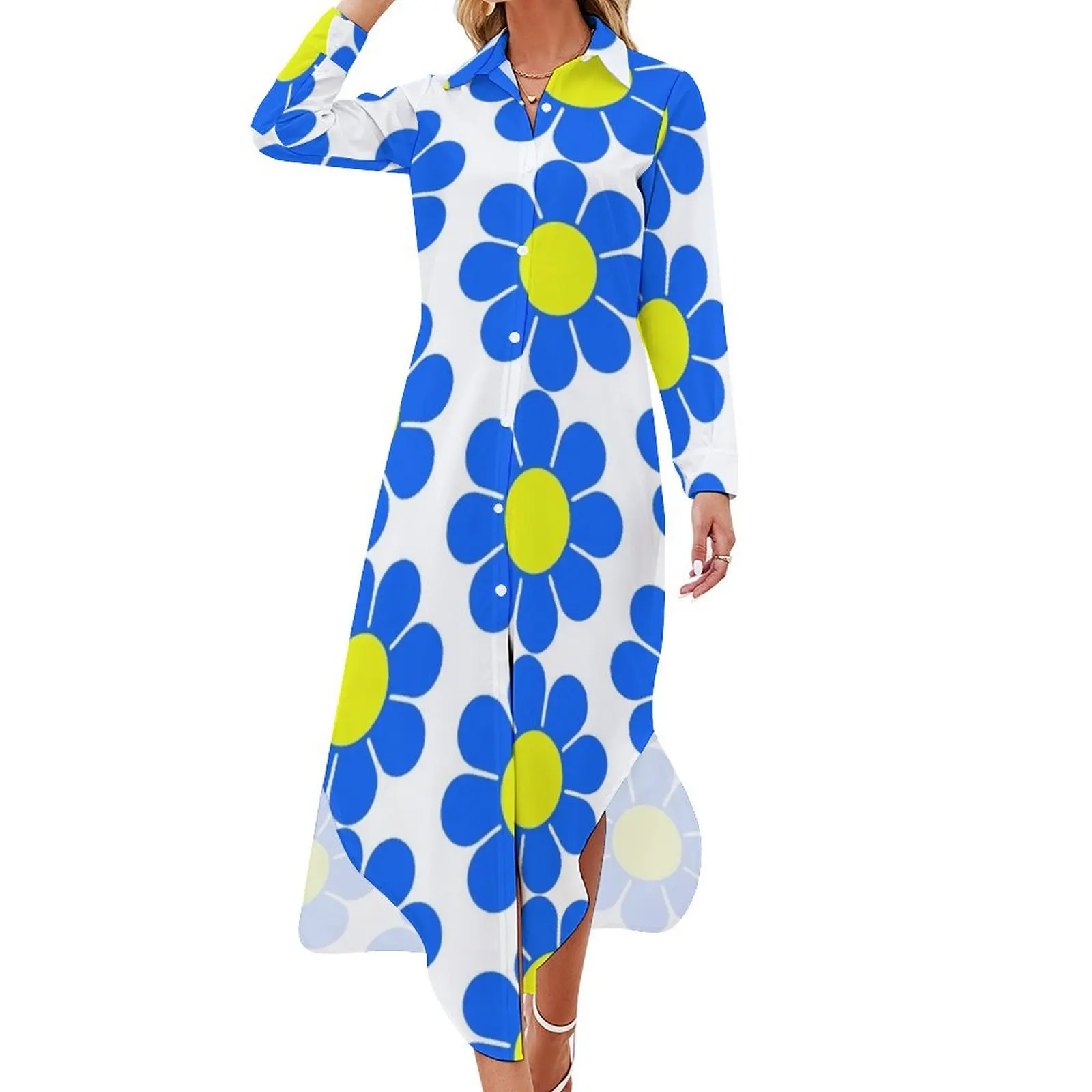 

Blue Yellow Hippy Flower Daisy Long Sleeved Shirt Dress ladies dresses for women 2024 fairy dress